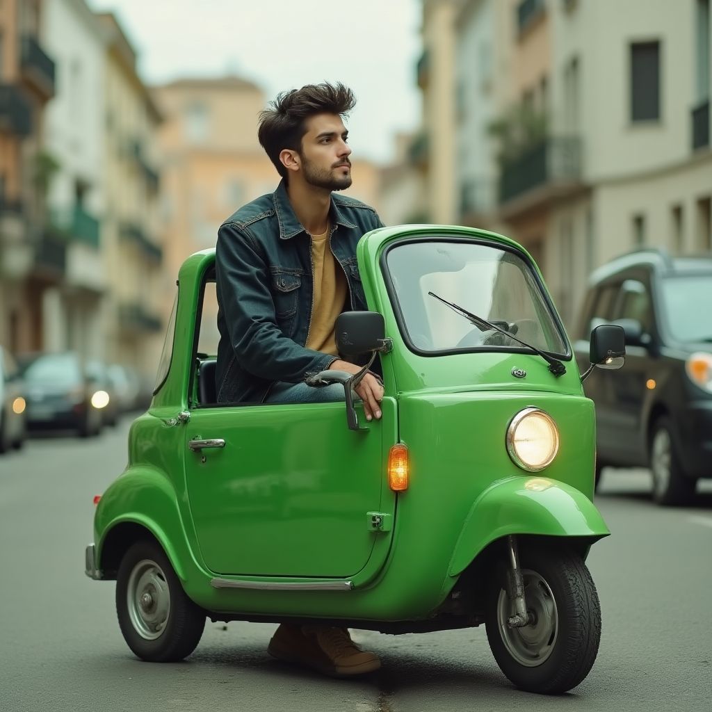 Joven con auto eléctrico compacto